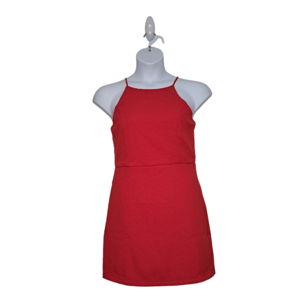 She + Sky Women's Dress Halter Bodycon #SS3595 Textured Mini Size L Red Hot